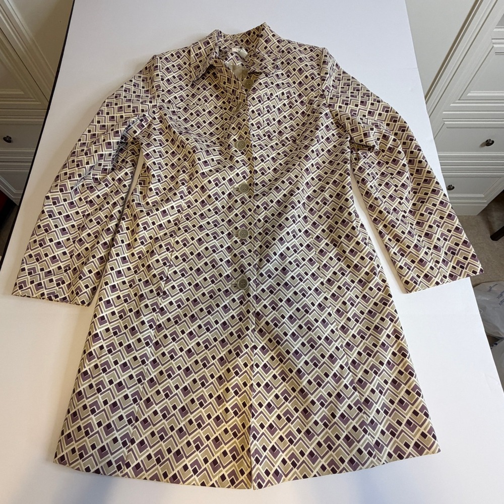 Ann Taylor Loft Geometric Diamond Print Trench Coat Purple Tan Cream Large